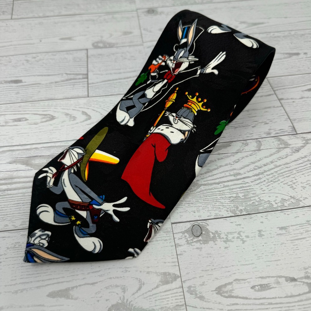 Looney Tunes Bugs Bunny All Over Print Black Silk Necktie Mens VTG